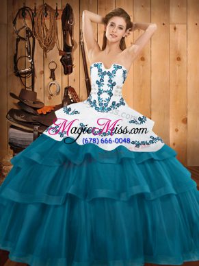 Elegant Teal Strapless Neckline Embroidery and Ruffled Layers 15 Quinceanera Dress Sleeveless Lace Up