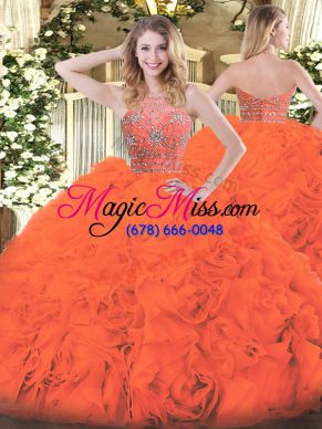 Wonderful Orange Red Tulle Zipper Halter Top Sleeveless Floor Length 15 Quinceanera Dress Beading and Ruffles