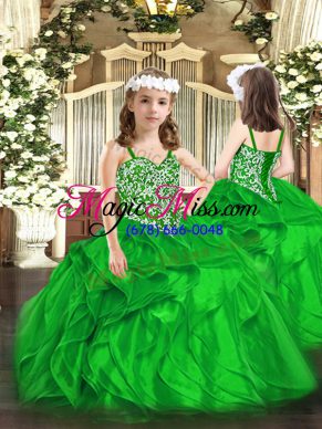 Green Sleeveless Floor Length Beading and Ruffles Lace Up Little Girl Pageant Gowns