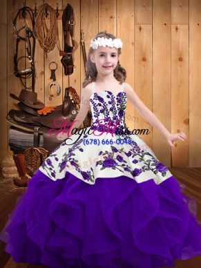 Straps Sleeveless Organza Little Girls Pageant Gowns Embroidery and Ruffles Lace Up