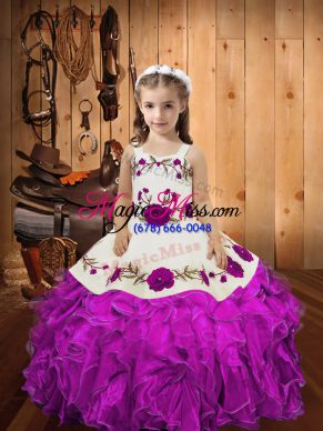 Gorgeous Sleeveless Organza Floor Length Lace Up Child Pageant Dress in Fuchsia with Embroidery and Ruffles and Hand Made Flower