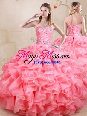 Noble Watermelon Red Organza Lace Up Quinceanera Dresses Sleeveless Floor Length Beading and Ruffles