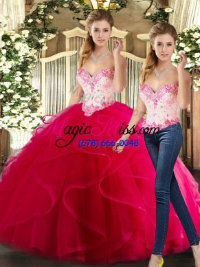 Glorious Hot Pink Sleeveless Floor Length Beading and Ruffles Lace Up Quinceanera Dresses