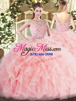 Baby Pink Tulle Zipper Sweet 16 Quinceanera Dress Sleeveless Floor Length Beading and Ruffles