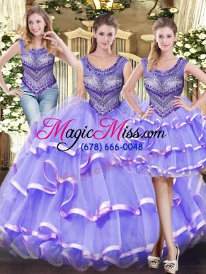 Lavender Sleeveless Floor Length Beading and Ruffled Layers Lace Up Quinceanera Gowns