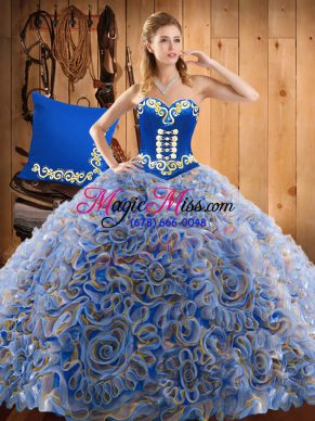 With Train Multi-color Quince Ball Gowns Satin and Fabric With Rolling Flowers Sweep Train Sleeveless Embroidery