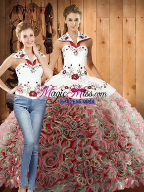 Fabulous Multi-color Ball Gowns Embroidery Sweet 16 Dresses Lace Up Fabric With Rolling Flowers Sleeveless