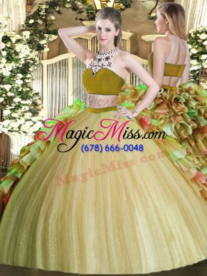 Olive Green Sleeveless Beading and Ruffles Floor Length Quinceanera Dresses