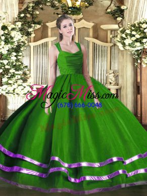 Exceptional Floor Length Zipper 15th Birthday Dress Green for Sweet 16 and Quinceanera with Ruffled Layers