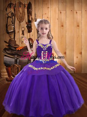 Eggplant Purple Ball Gowns Straps Sleeveless Organza Floor Length Lace Up Embroidery Little Girls Pageant Gowns