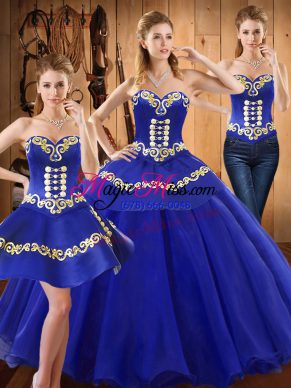 Sweetheart Sleeveless 15 Quinceanera Dress Floor Length Embroidery Blue Tulle