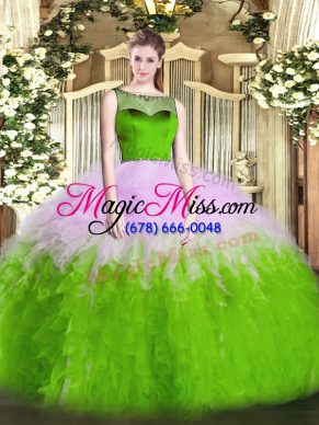 Unique Multi-color Ball Gowns Scoop Sleeveless Tulle Floor Length Zipper Beading and Ruffles Quince Ball Gowns