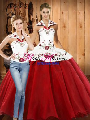 Ideal White And Red Halter Top Lace Up Embroidery Sweet 16 Quinceanera Dress Sleeveless