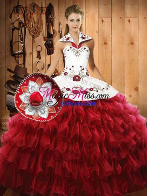 Gorgeous Wine Red Sleeveless Organza Lace Up Quinceanera Gowns for Military Ball and Sweet 16 and Quinceanera