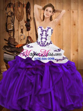Purple Ball Gowns Embroidery and Ruffles Quinceanera Dresses Lace Up Satin and Organza Sleeveless Floor Length