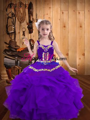 Organza Straps Sleeveless Lace Up Embroidery and Ruffles Little Girl Pageant Dress in Eggplant Purple