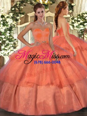 Best Selling Sleeveless Floor Length Beading and Ruffled Layers Lace Up Quinceanera Dress with Orange Red