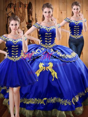 Beauteous Off The Shoulder Sleeveless Quinceanera Gown Floor Length Embroidery Royal Blue Satin and Organza