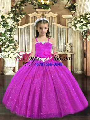 Sweet Straps Sleeveless Kids Formal Wear Floor Length Appliques Fuchsia Tulle