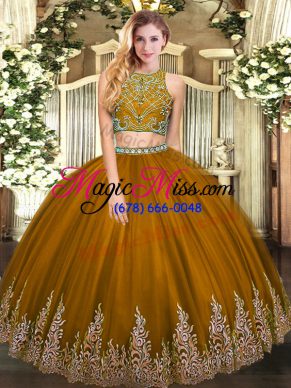 Adorable Brown Sleeveless Beading and Appliques Floor Length Sweet 16 Dresses