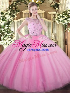 Rose Pink Sleeveless Floor Length Beading Zipper Vestidos de Quinceanera