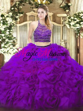 Eggplant Purple Sleeveless Beading and Ruffles Floor Length Vestidos de Quinceanera