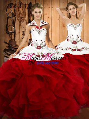 Super Floor Length Wine Red Vestidos de Quinceanera Halter Top Sleeveless Lace Up