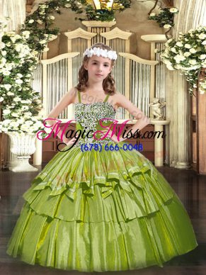 Beauteous Olive Green Ball Gowns Straps Sleeveless Organza Floor Length Lace Up Appliques and Ruffled Layers Girls Pageant Dresses