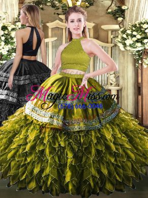 Glorious Beading and Embroidery and Ruffles Quinceanera Gowns Olive Green Backless Sleeveless Floor Length