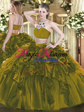 Olive Green Two Pieces Tulle High-neck Sleeveless Beading and Ruffles Floor Length Backless Ball Gown Prom Dress