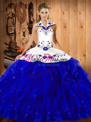 Blue And White Satin and Organza Lace Up Halter Top Sleeveless Floor Length 15 Quinceanera Dress Embroidery and Ruffles