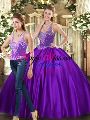 Inexpensive Floor Length Purple Quince Ball Gowns Tulle Sleeveless Beading