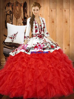 Red Sweetheart Lace Up Embroidery and Ruffles 15 Quinceanera Dress Sleeveless