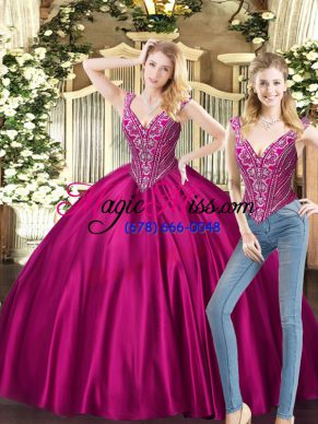 Fuchsia Two Pieces Beading Quinceanera Dresses Lace Up Tulle Sleeveless Floor Length