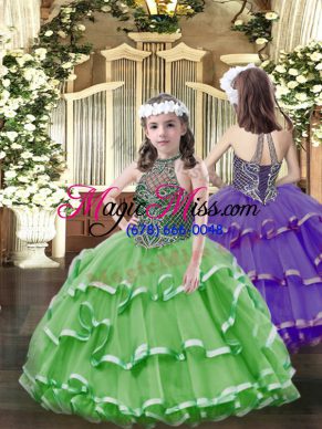 New Arrival Green Lace Up Little Girl Pageant Dress Beading and Ruffled Layers Sleeveless Floor Length