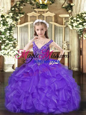 Floor Length Lavender Child Pageant Dress V-neck Sleeveless Lace Up