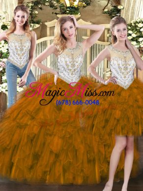 Dynamic Floor Length Brown 15th Birthday Dress Organza Sleeveless Beading and Ruffles