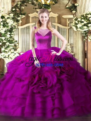 Fuchsia Side Zipper Scoop Beading and Ruffled Layers Sweet 16 Dresses Organza Sleeveless