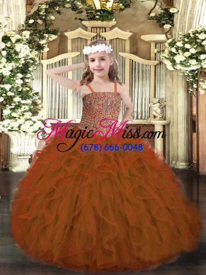 Low Price Rust Red Ball Gowns Beading and Ruffles Pageant Gowns For Girls Lace Up Tulle Sleeveless Floor Length