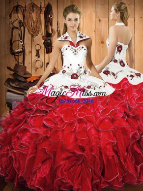 Sleeveless Floor Length Embroidery and Ruffles Lace Up Quinceanera Gown with Wine Red