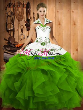 Beauteous Quinceanera Dress Military Ball and Sweet 16 and Quinceanera with Embroidery and Ruffles Halter Top Sleeveless Lace Up