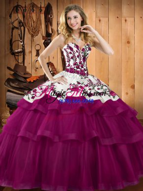 Custom Fit Sweetheart Sleeveless Sweet 16 Quinceanera Dress Floor Length Embroidery Fuchsia Organza