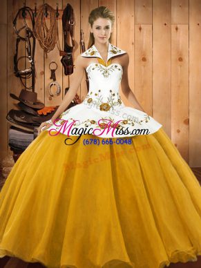 Unique Halter Top Sleeveless Lace Up Vestidos de Quinceanera Gold Satin and Tulle