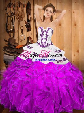 Popular Floor Length Lace Up Quinceanera Dresses Purple for Military Ball and Sweet 16 and Quinceanera with Embroidery and Ruffles