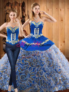 Superior Multi-color Lace Up Sweetheart Embroidery Quinceanera Gown Satin and Fabric With Rolling Flowers Sleeveless Sweep Train