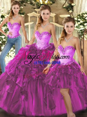 Fuchsia Sweet 16 Quinceanera Dress Military Ball and Sweet 16 and Quinceanera with Beading and Ruffles Sweetheart Sleeveless Lace Up