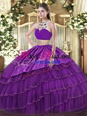 Fantastic High-neck Sleeveless Sweet 16 Dresses Floor Length Beading and Embroidery and Ruffled Layers Purple Tulle