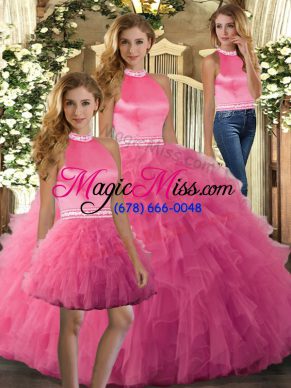 Attractive Hot Pink Backless Sweet 16 Dress Ruffles Sleeveless Floor Length