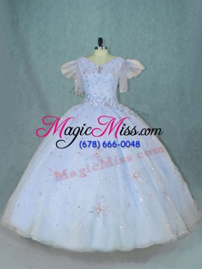 Beautiful Light Blue Ball Gowns Organza V-neck Short Sleeves Beading Floor Length Zipper Vestidos de Quinceanera