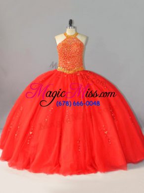 Low Price Beading Sweet 16 Quinceanera Dress Coral Red Lace Up Sleeveless Floor Length